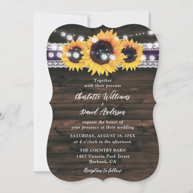 Purple Sunflower Wood Lace String Lights Wedding Invitation (Front)