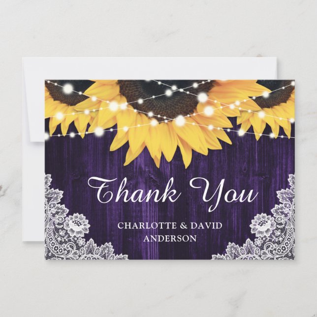 Purple Sunflower Wood String Lights Wedding Thank You Card (Front)