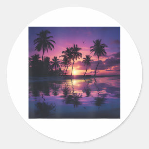 Purple Sunset Beach Palm Trees Classic Round Sticker