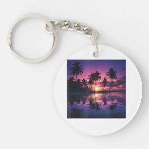 Purple Sunset Beach Palm Trees  Key Ring