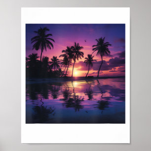 Purple Sunset Beach Palm Trees Poster