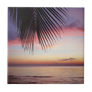 Purple Sunset Beach Tropical Palm Tree Silhouette Ceramic Tile