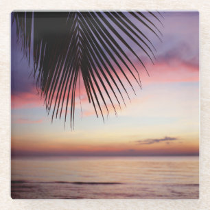 Purple Sunset Beach Tropical Palm Tree Silhouette Glass Coaster