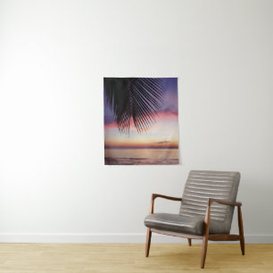 Purple Sunset Beach Tropical Palm Tree Silhouette Tapestry