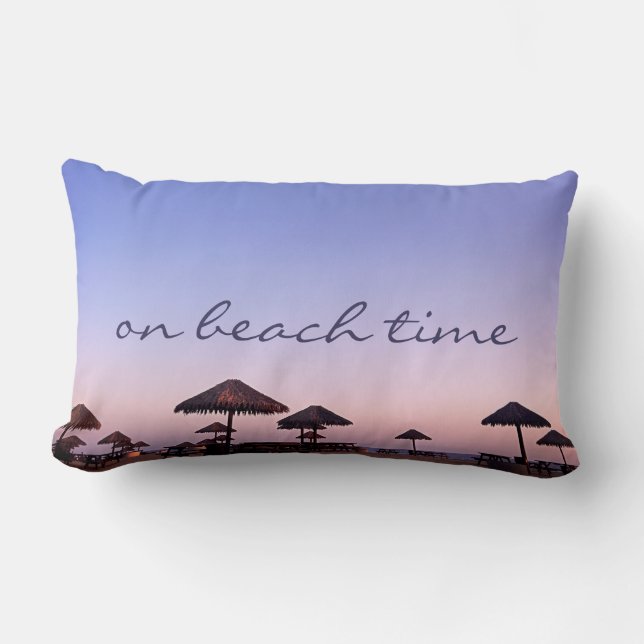 Purple Sunset On Beach Time Script Photography Lumbar Cushion (Front)