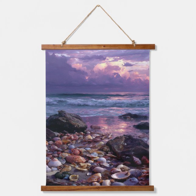Purple Sunset Shell Beach Dreamscape Art Hanging Tapestry (Front)