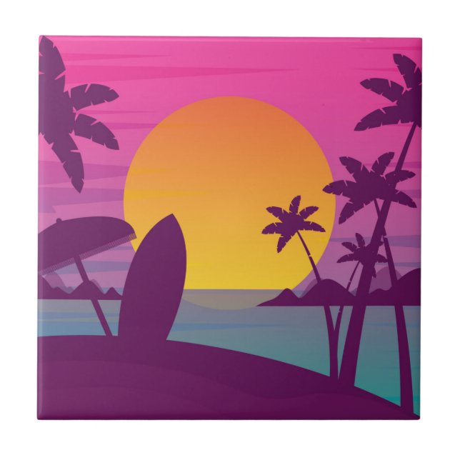 Purple sunset surf beach ceramic tile (Front)