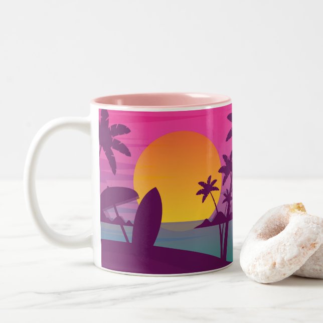 Purple sunset surf beach Two-Tone coffee mug (With Donut)