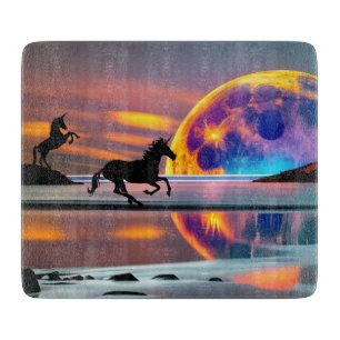 Purple Sunset, unicorns, Full Moon on the beach Cutting Board