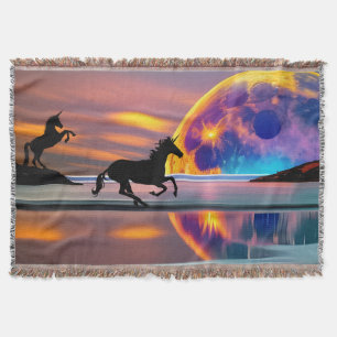 Purple Sunset, unicorns, Full Moon on the beach    Throw Blanket