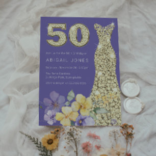 Purple & Sunshine Gold Gown 50th Birthday Party Invitation