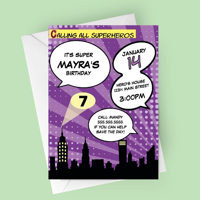 Purple Superheros Comic Book Styled Birthday Party Invitation (Purple Comic Book Superheros Birthday Party Invitation)