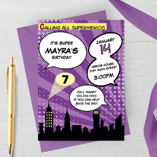 Purple Superheros Comic Book Styled Birthday Party Invitation
