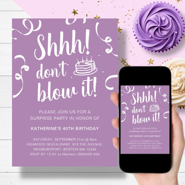 Purple Surprise Birthday Don't Blow It Invitation (Creator Uploaded)