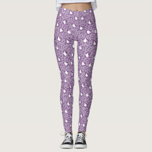 Purple Swan and Floral Leaf Pattern Leggings