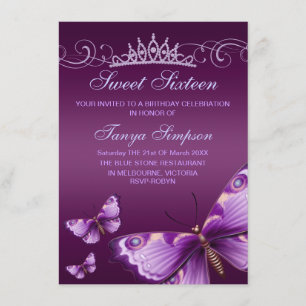 Purple Sweet16 Butterfly & Tiara Birthday Invite