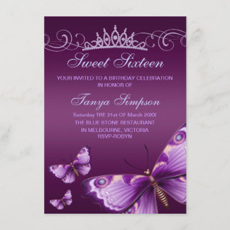 Purple Sweet16 Butterfly & Tiara Birthday Invite