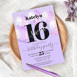 Purple Sweet 16 Birthday Girly Glam Balloon Script Invitation
