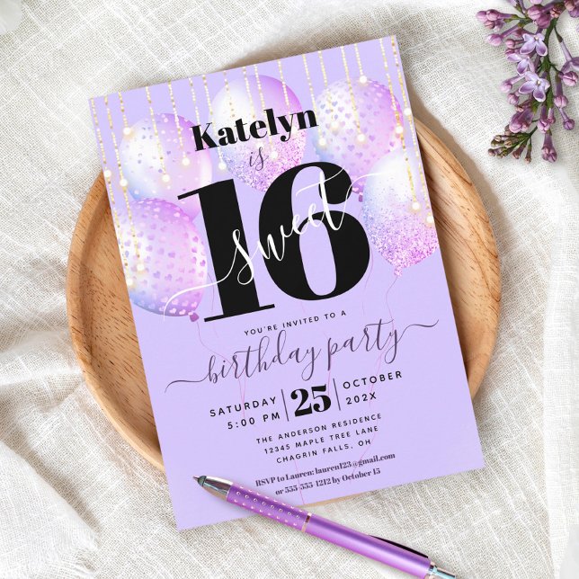Purple Sweet 16 Birthday Girly Glam Balloon Script Invitation (Creator Uploaded)