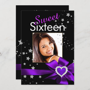 Purple Sweet 16 Birthday Party Heart Photo Stars Invitation
