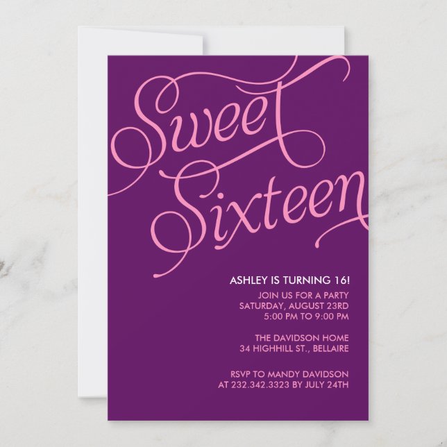 Purple Sweet 16 Invitations (Front)