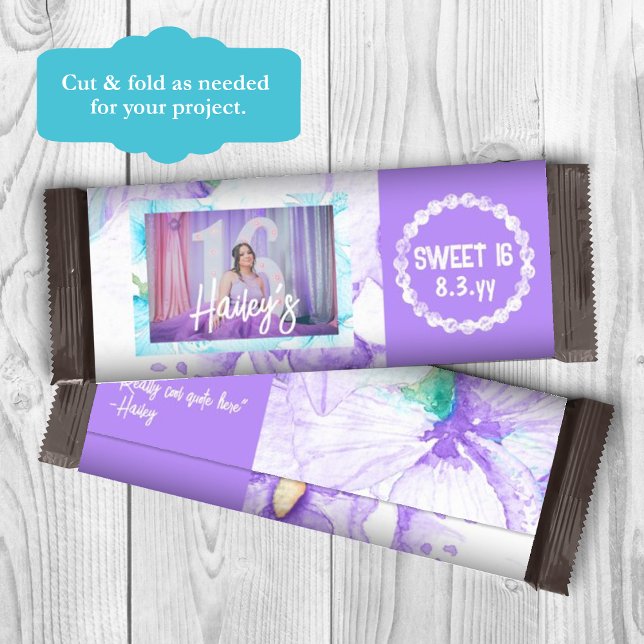 Purple Sweet 16 Personalised Candy Bar Wrapper (purple sweet 16 personalized chocolate candy bar wrapper, birthday photo and name custom label)