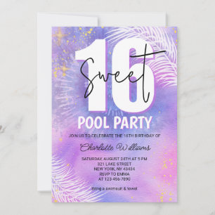 Purple Sweet 16 Pool Party Birthday Invitation
