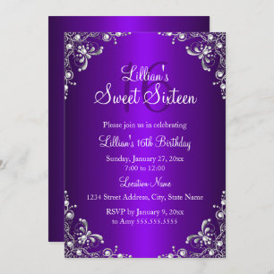 Purple Sweet 16 Silver Pearl Damask Invitation
