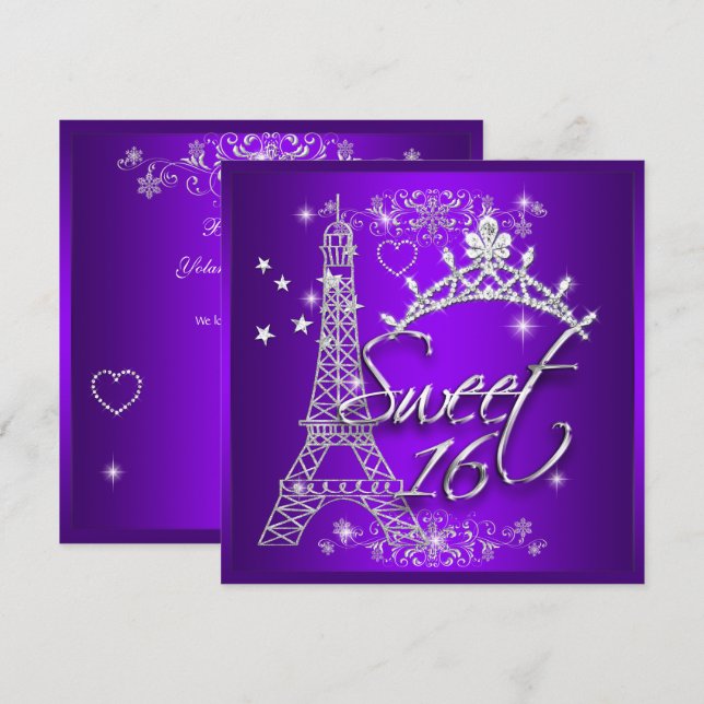 Purple Sweet 16 Sweet Sixteen Eiffel Tower Invitation (Front/Back)