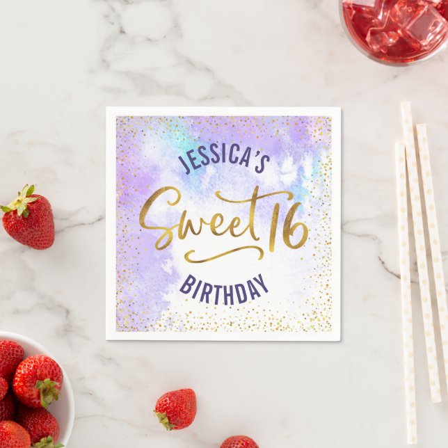 Purple Sweet 16 Watercolor Gold Girly Birthday Napkin (Insitu)