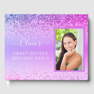 Purple Sweet 16th Birthday Sparkle Glitter Photo Guest Book