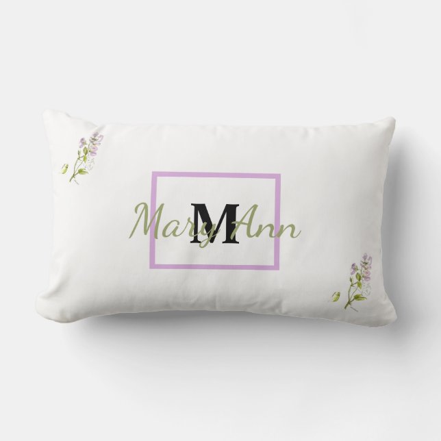 Purple sweet pea watercolor monogram and name lumbar cushion (Front)