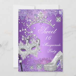 Purple Sweet  Sixteen 16 Masquerade Party Tiara Invitation