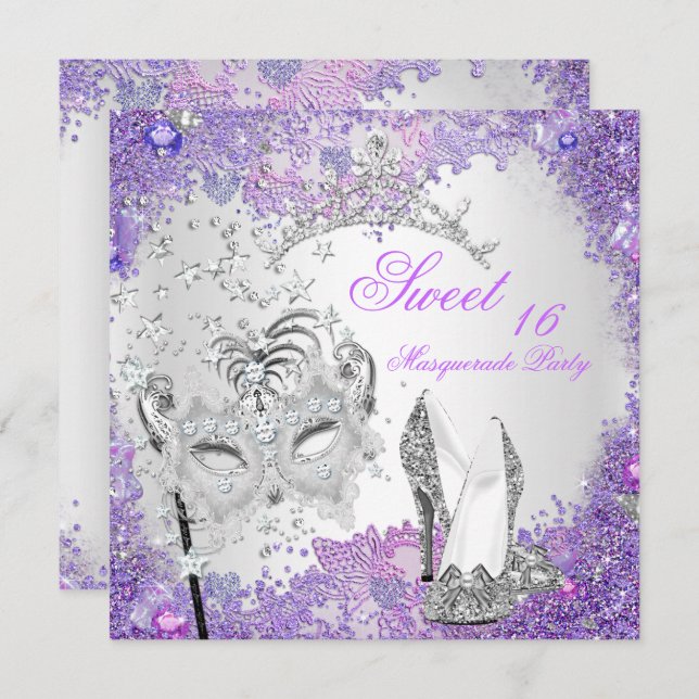 Purple Sweet Sixteen 16 Masquerade Party Tiara Invitation (Front/Back)