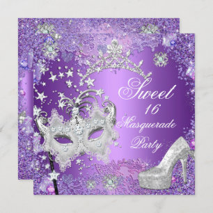 Purple Sweet  Sixteen 16 Masquerade Tiara Shoe Invitation