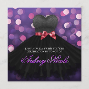 Purple Sweet Sixteen Black Dress Birthday Invite