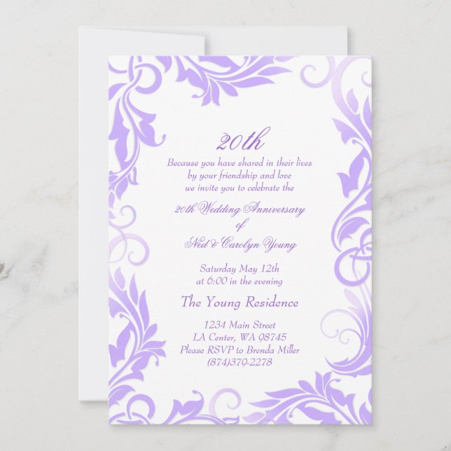 Purple Swirl 20th Wedding Anniversary Invitation (Front)