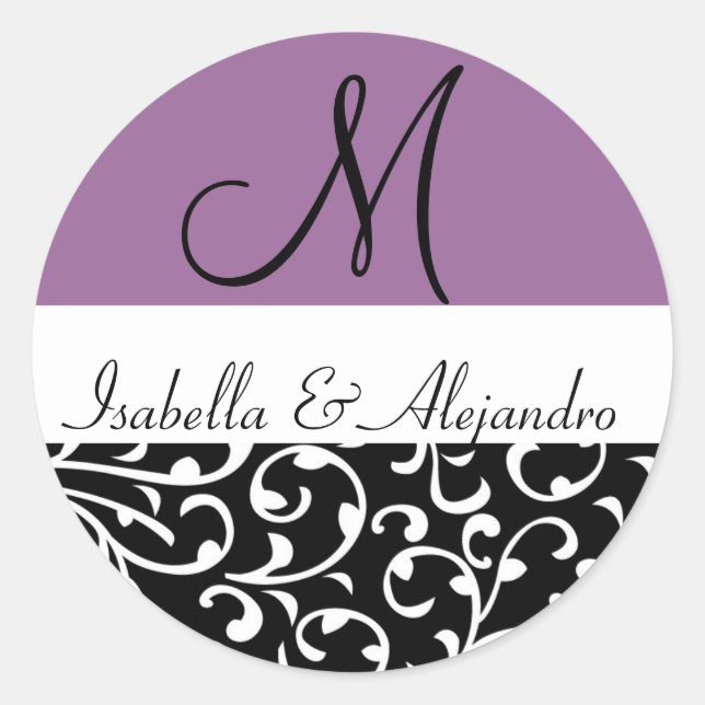 Purple Swirl Damask Monogram Wedding Stickers (Front)