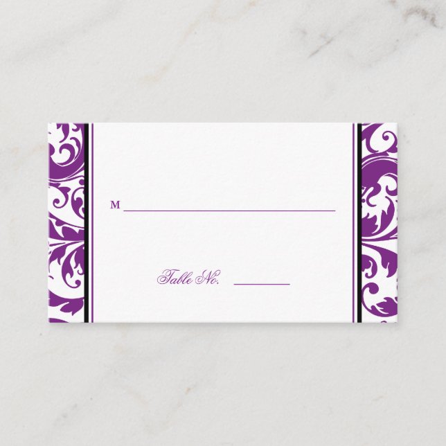 Purple Swirl Damask Table Seating Place Cards (Front)