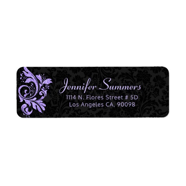 Purple swirl on black damask background return address label (Front)