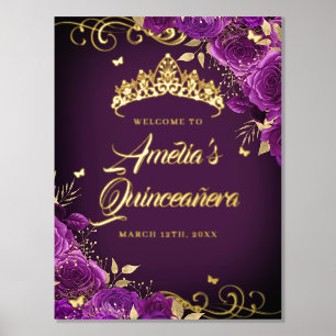 Purple Swirl Quinceanera Welcome Sign Gold