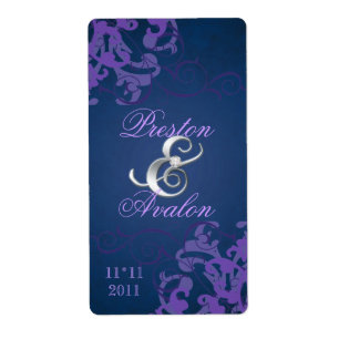 Purple Swirl Silver Jewel Blue Wedding Wine Label