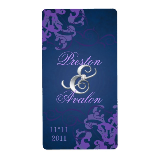 Purple Swirl Silver Jewel Blue Wedding Wine Label (Front)