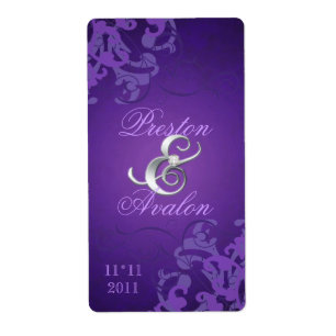 Purple Swirl Silver Jewelled Wedding Wine Label