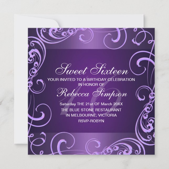 Purple Swirl Sweet Sixteen Birthday Invitation (Front)