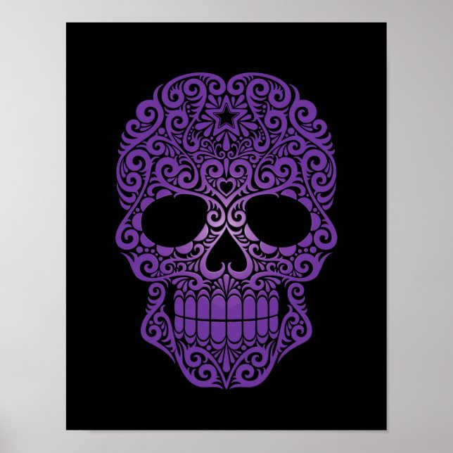 Purple Swirling Sugar Skull on Black Poster (Front)