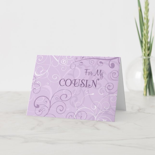 Purple Swirls Cousin Bridesmaid Invitation Card (Front)