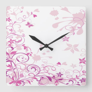 Purple Swirls Flowers Square Wall Clock