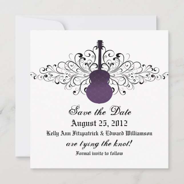 Purple Swirls Guitar Save the Date Invite (Front)