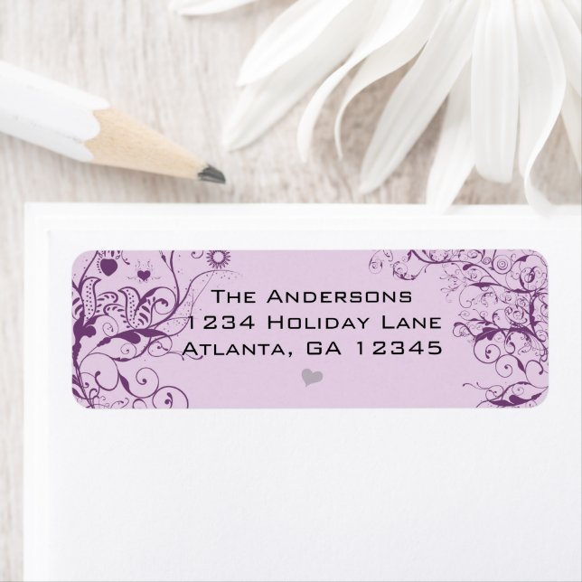 Purple Swirls Love Birds Return Labels (Insitu)